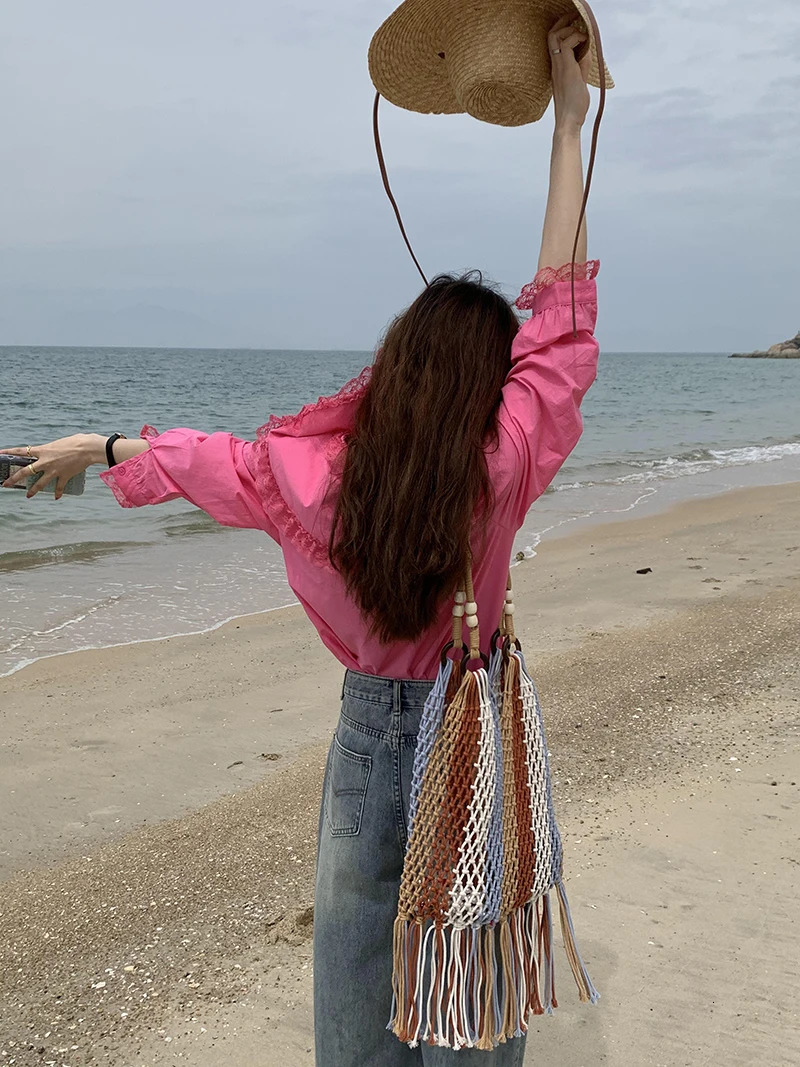 er Braided crochet net bag Women Casual Woven summer Travel woven beach bucket tote bag purse Handbag 250809