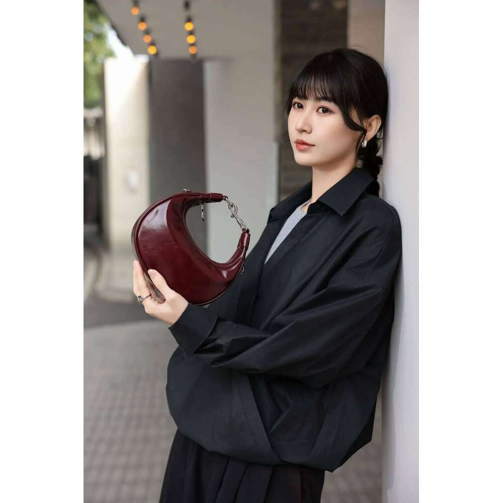 New Wine Red Commonly Used Half Moon Tote Glossy Oil Wax First Layer Cow Leather Women Crossbody Small Female Shoulder Bag