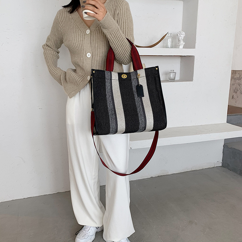 New Fashion High-Quality Striped Color-Block Shopping Tote Handbag Shoulder Trendy Women's Bag