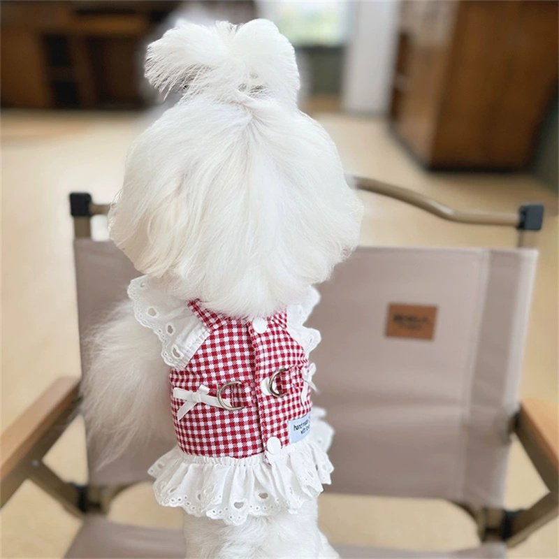 Pet Dog Clothes Lace Skirt Pastoral Style Black Plaid Harness Puppy Dresses Universal Harness Tractionable Retro Princess Dress