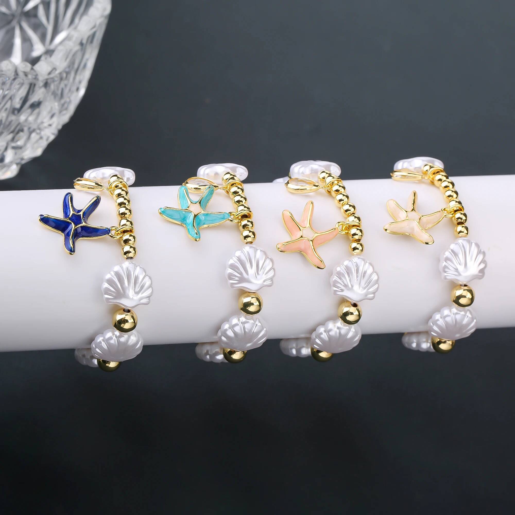 4 Color Metal Enamel Art Starfish White Shell Chain Gold Plated Bracelet for Woman Female Daily Party Jewelry
