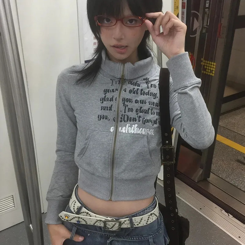 Karrram Japanese Y2k Cropped Jacket Vintage Harajuku Short Coat American Retro Letter Print Zipper Sweatshirt Grunge Outerwear 250811