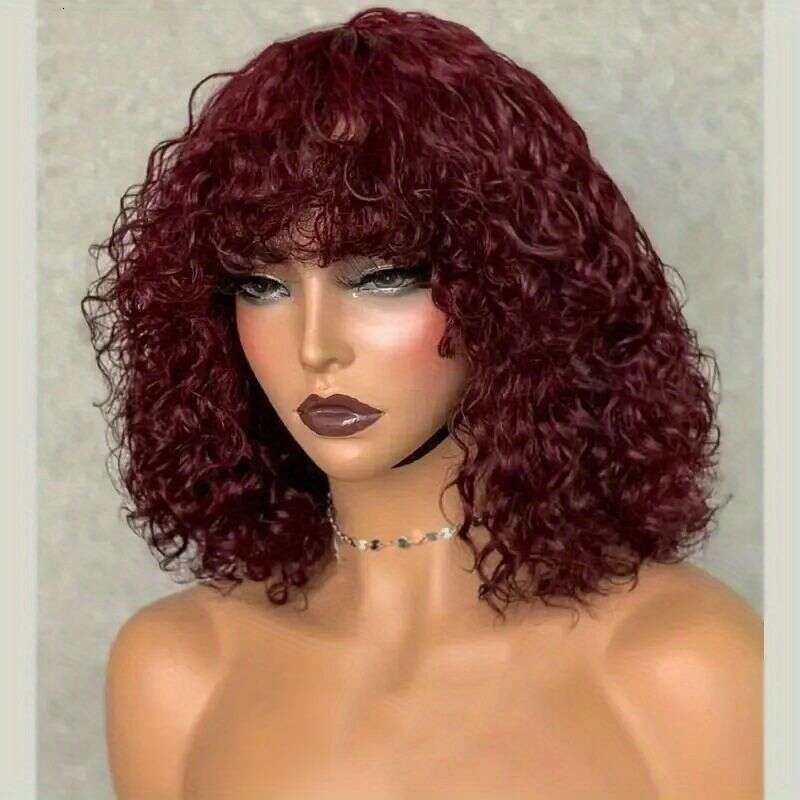 14 Inch Water Ripple Hine-Made With Bangs 180% Density Glue-Free Lace Rose Mesh Human Hair Curly Wig Head Cover For Women