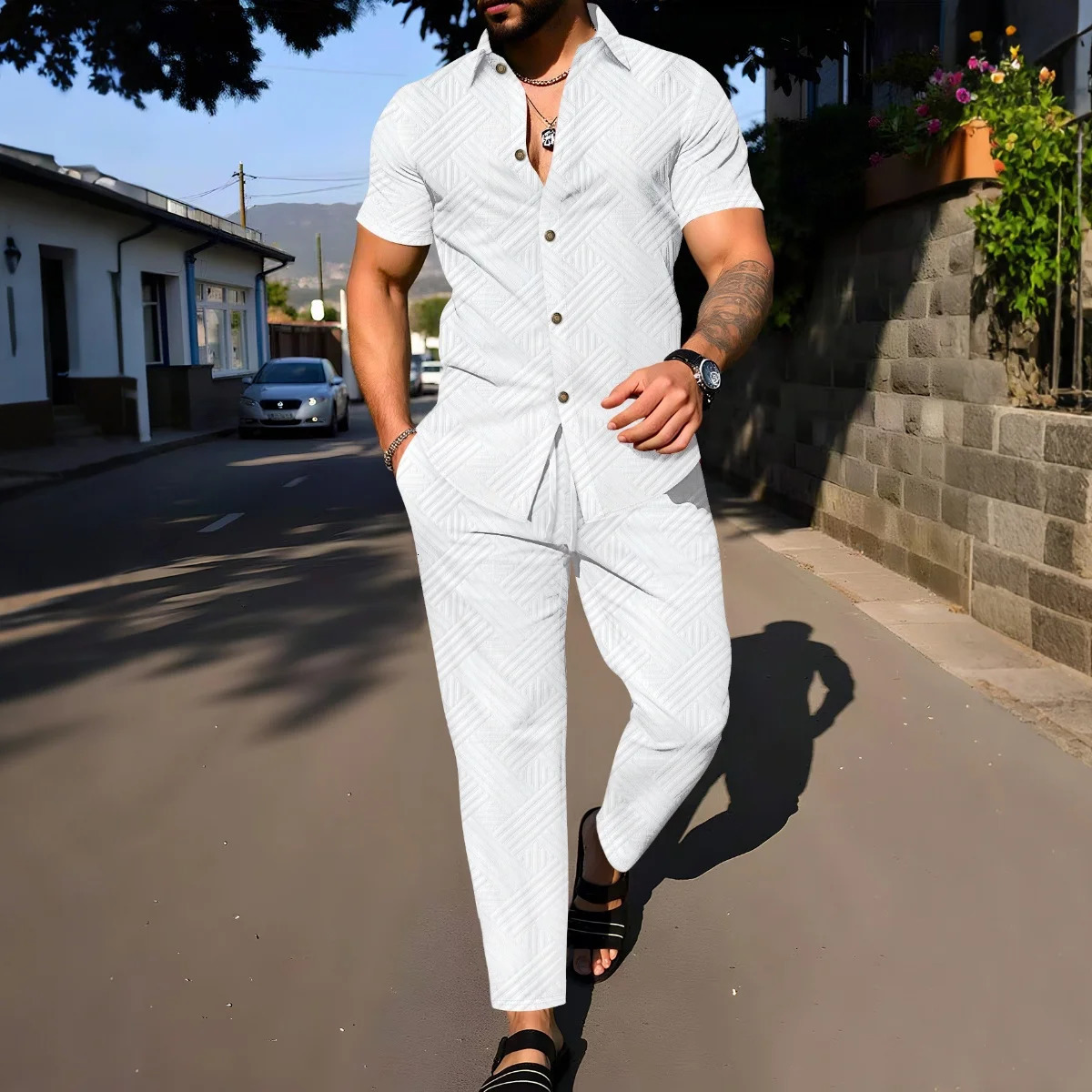 2025 Summer Mens Solid Color Jacquard Polo Two-Piece Set - Short-Sleeve Shirt Long Pants - Outdoor Stylish Suit for Men 250811