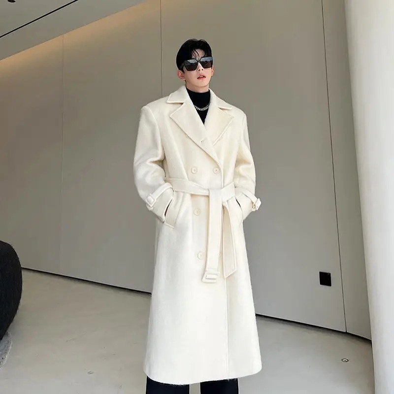 IEFB Korean Men Woolen Coat Casual Lapel Double Breasted Long Trench Solid Color Male Overcoat Belt Autumn Trend 9C2884 250805