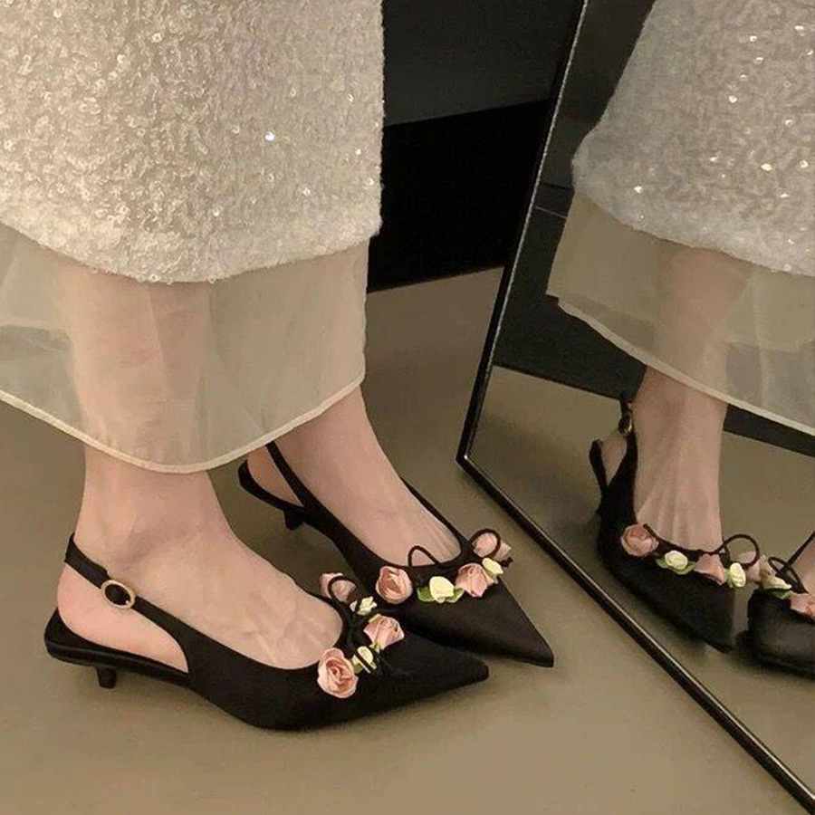 spring autumn kitten heels loafers womens sandals elegant french-style dress shoes luxury satin pointed toe shallow mouth mary jane shoes