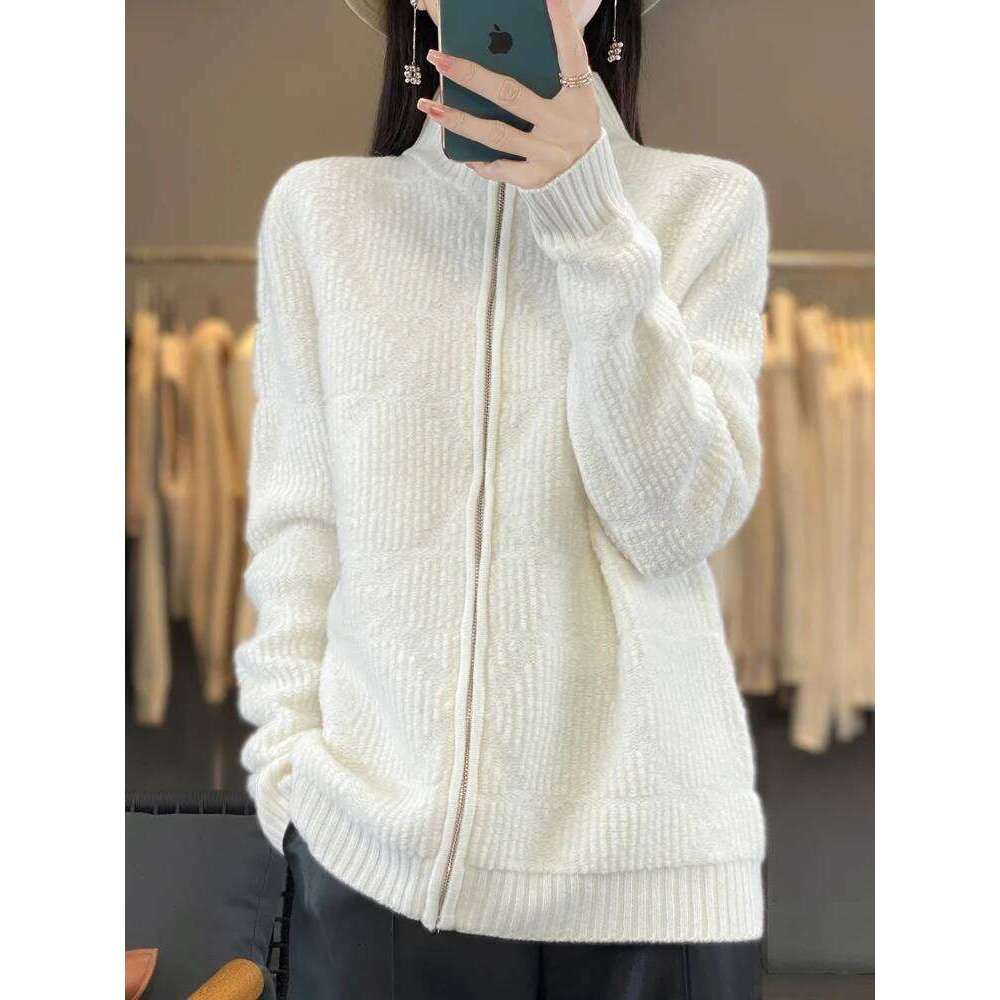 Women's 100% Pure Wool Cardigan Sweater Autumn Winter Half High Collar Zipper Kintwear Long Sleeved Loose Cashmere For Outerwear 20250811