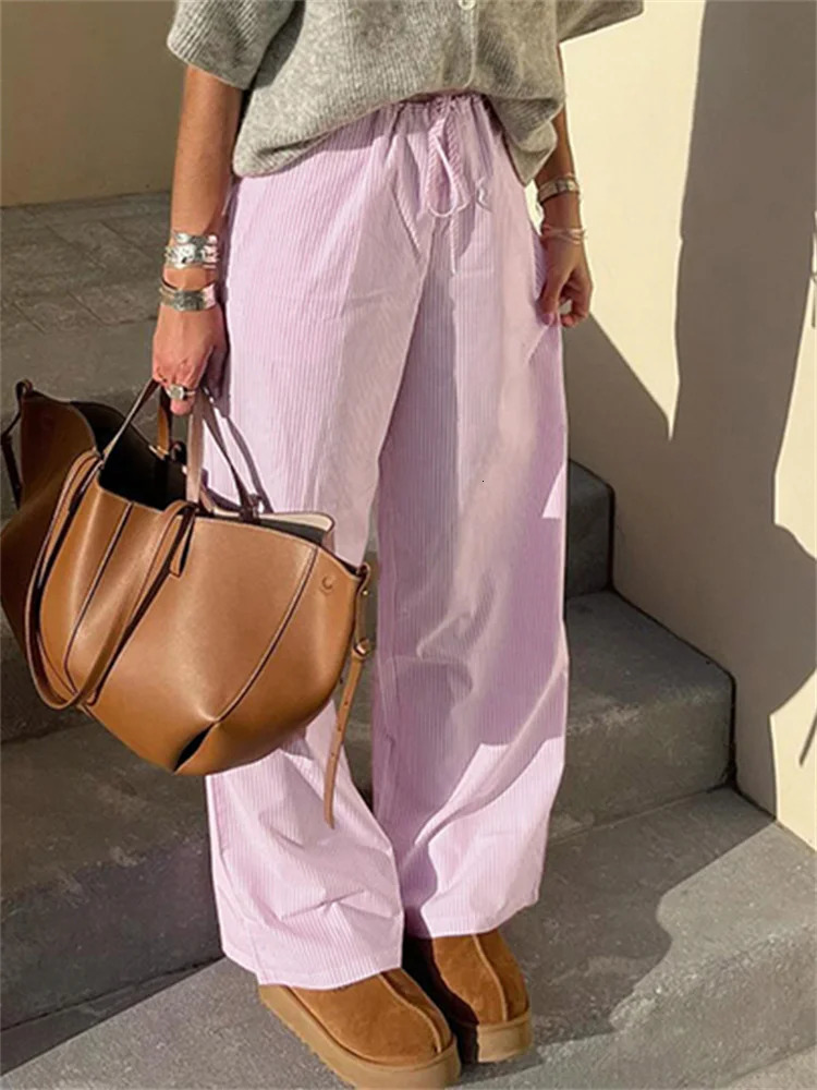 Cuteandpsycho Streetwear Striped Print Loose Trousers Lace-up Joggers Fashion Y2K Baggy Pants Basic Aesthetic 90s Cute Bottoms 250811
