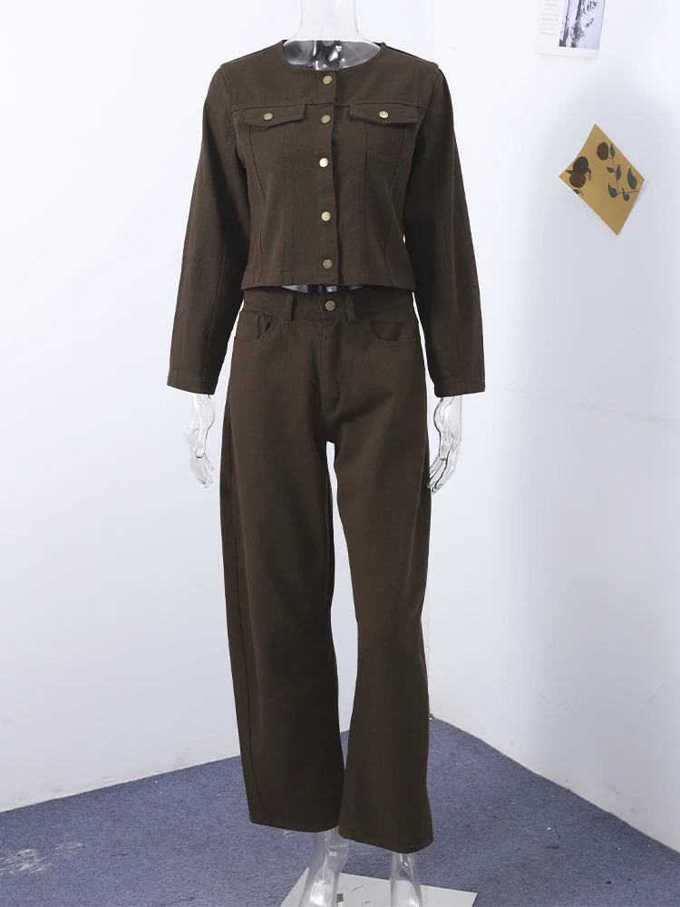 Vintage Solid Denim Jacket Pants Sets Women O-neck Single Breasted Long Sleeve Coat Wide Leg Trousers 2025 Jeans Outfits Street 250808