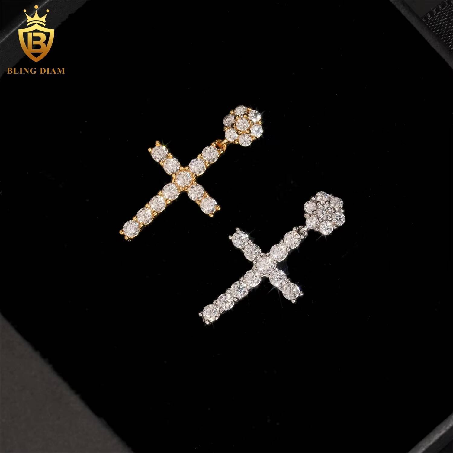 Pass Diamond Tester Hip Hop Gold Plated VVS Moissanite 925 Sterling Silver Cross Earrings