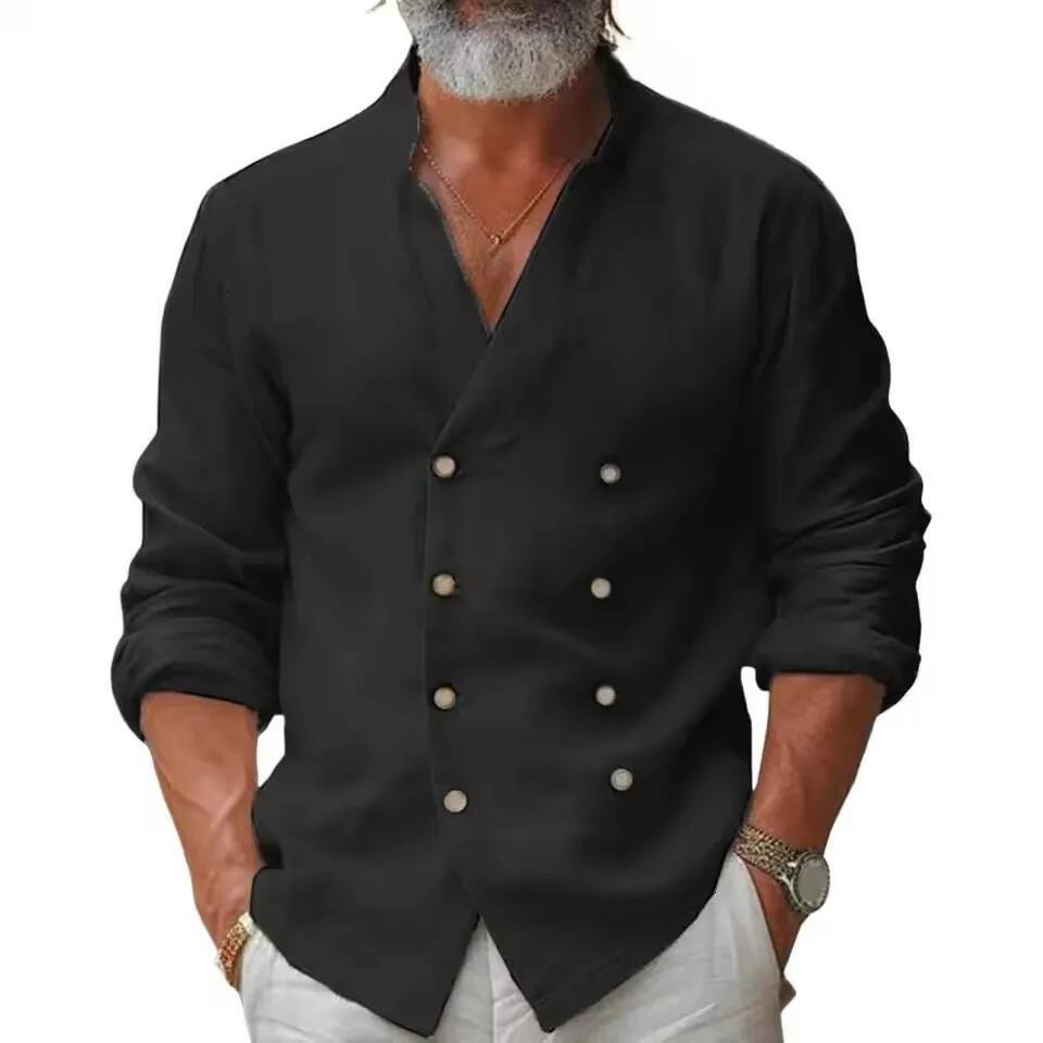 New Spring Autumn Men's Cotton Linen Casual Fashion Double Breasted Tops Vintage Stand Collar Solid Long Sleeve Shirt Men ddmymarket