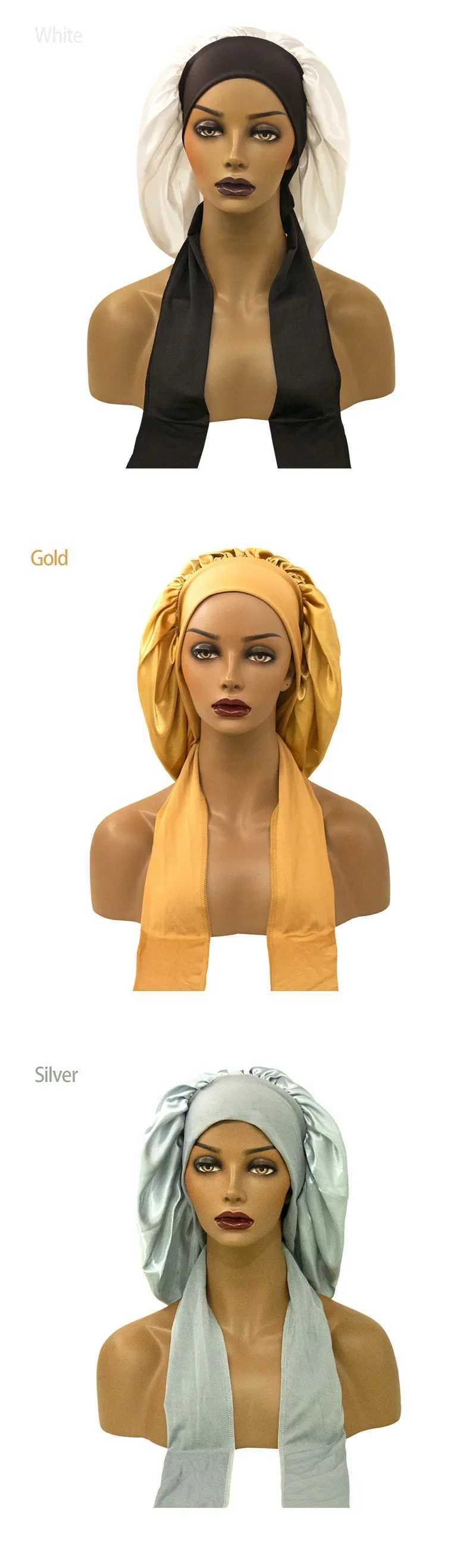 Women Satin Widened Sleep Hat Night Sleep Cap with Long Streamer Hair Care Bonnet Nightcap Elastic Cap De Nuit Shower Turban XJ250812