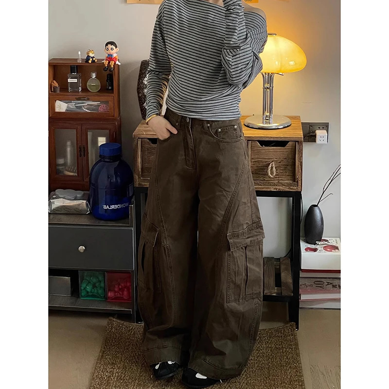 American Vintage 2000s Style High Waist Brown Jeans Pants 2025 Spring Womens Baggy Y2K Wide Leg Denim Trouser Female Clothes 250811
