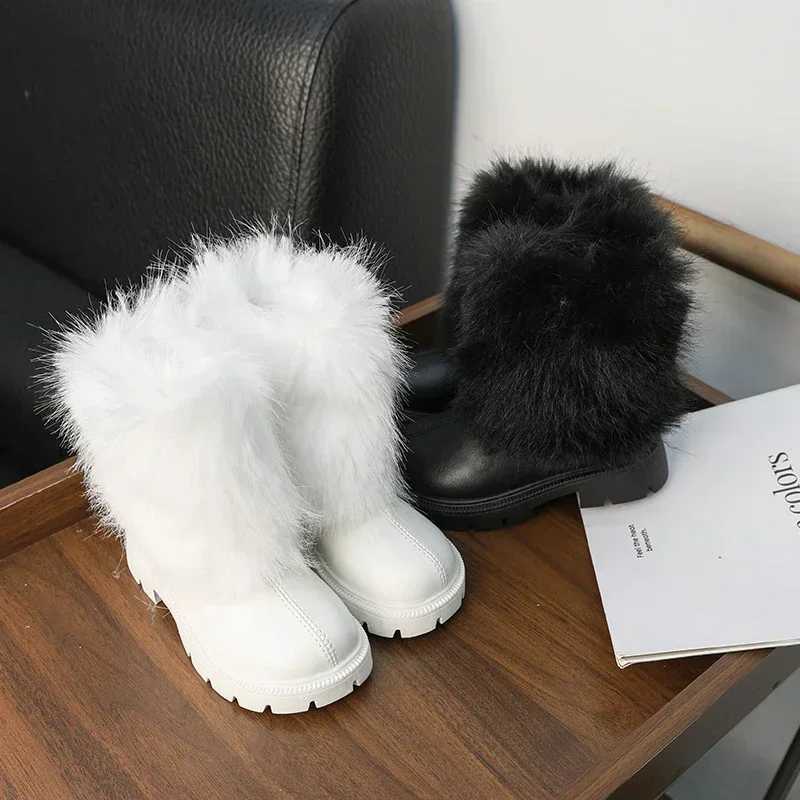 Winter Girl Snow Boots Soft Furry Hairy Kids Boot Black White Versatile Children Casual Fashion Long Boots Warm Plush Zipper XJ250812