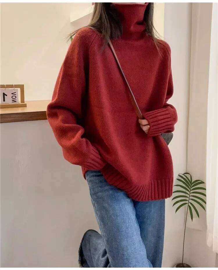 Women's Red Cashmere Turtleneck Sweater Loose Fit Thick Pullover For Autumn Winter European Style New Year Lazy Wind MDNG 20250811