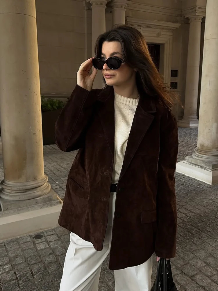 Vintage Brown Suede Jacket for Women Single Breasted Turn-down Collar Blazer with Pocket Casual Office Outerwear Autumn 2025 250811