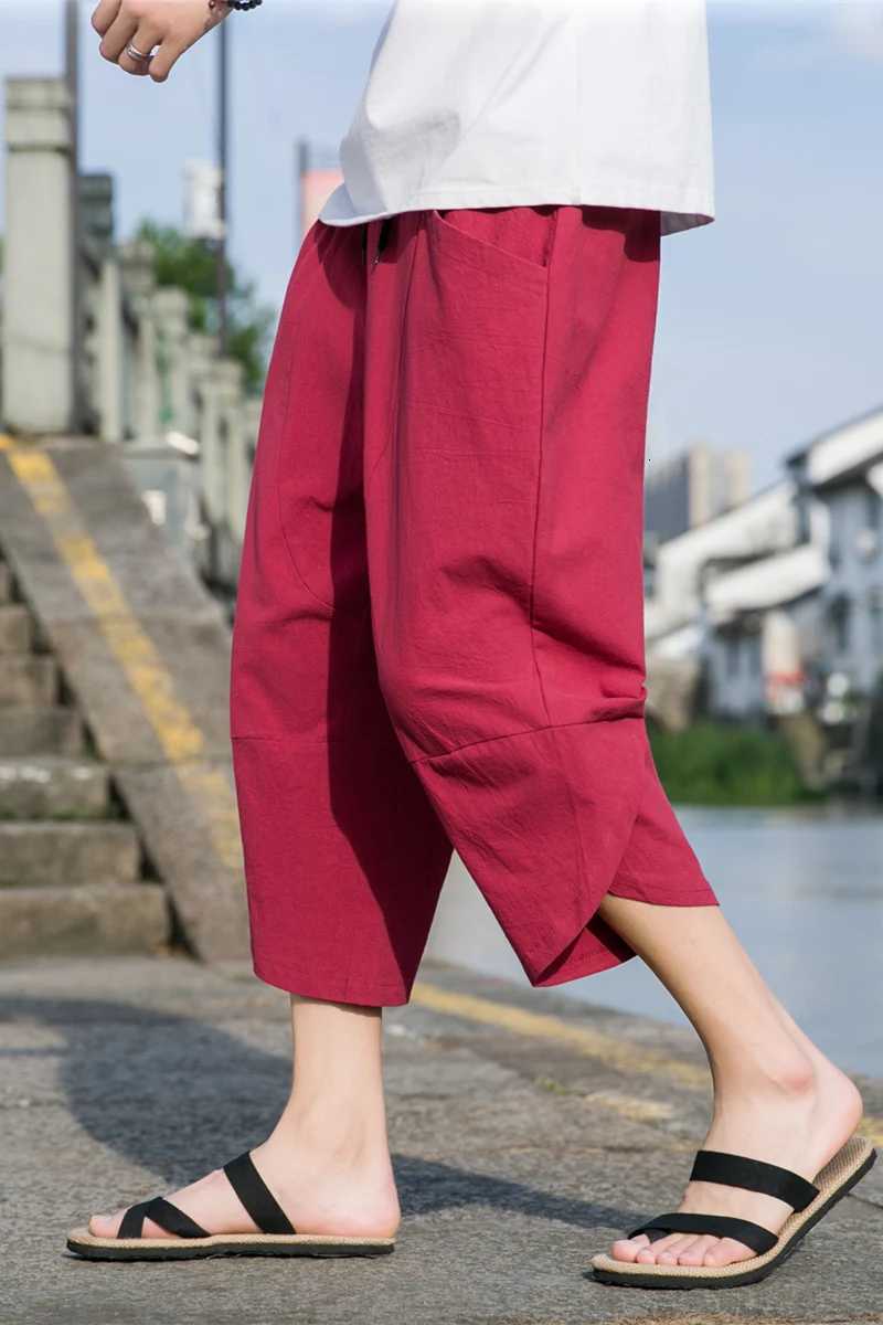 5-5XL Summer New 00% Cotton Loose Cropped Pants Solid Color Casual Elastic Waist Curved Leg Japanese Pants W250812