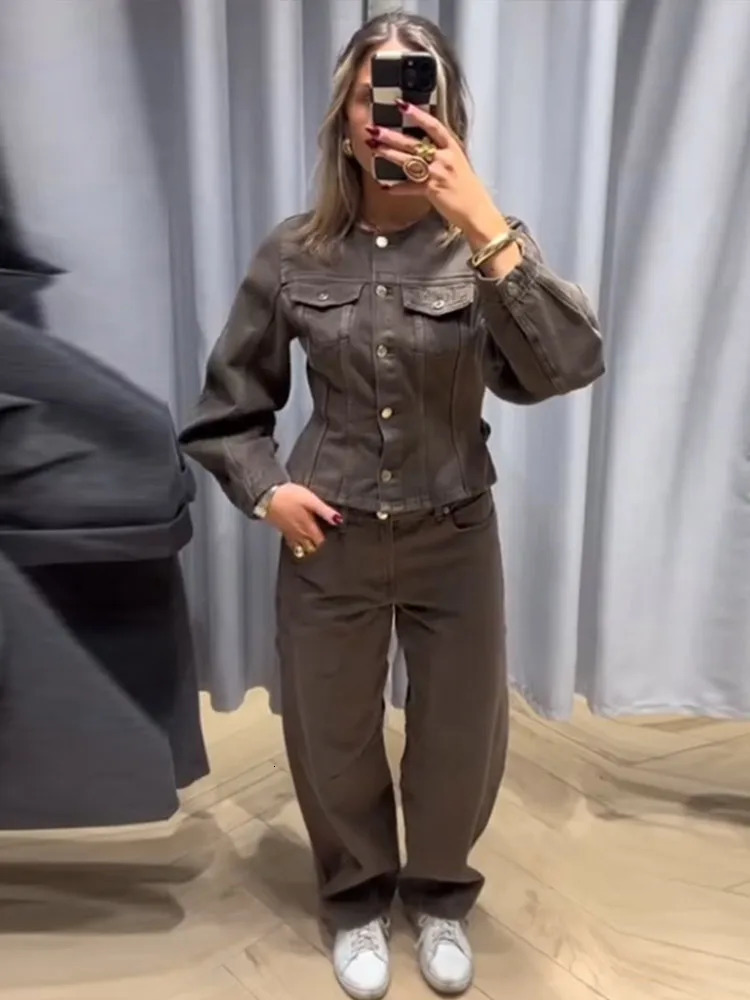 Vintage Solid Denim Jacket Pants Sets Women O-neck Single Breasted Long Sleeve Coat Wide Leg Trousers 2025 Jeans Outfits Street 250808