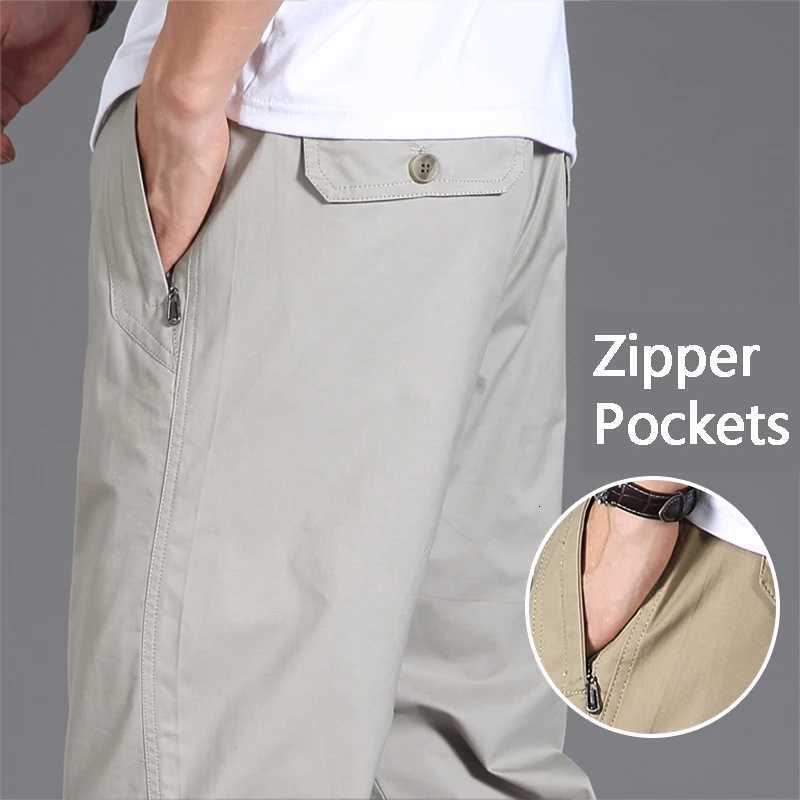 2023 Summer Autumn Mens Casual Pants with Zipper Pockets Cotton High Quality Stretchable Waist Sports Work Utility Trousers W250812