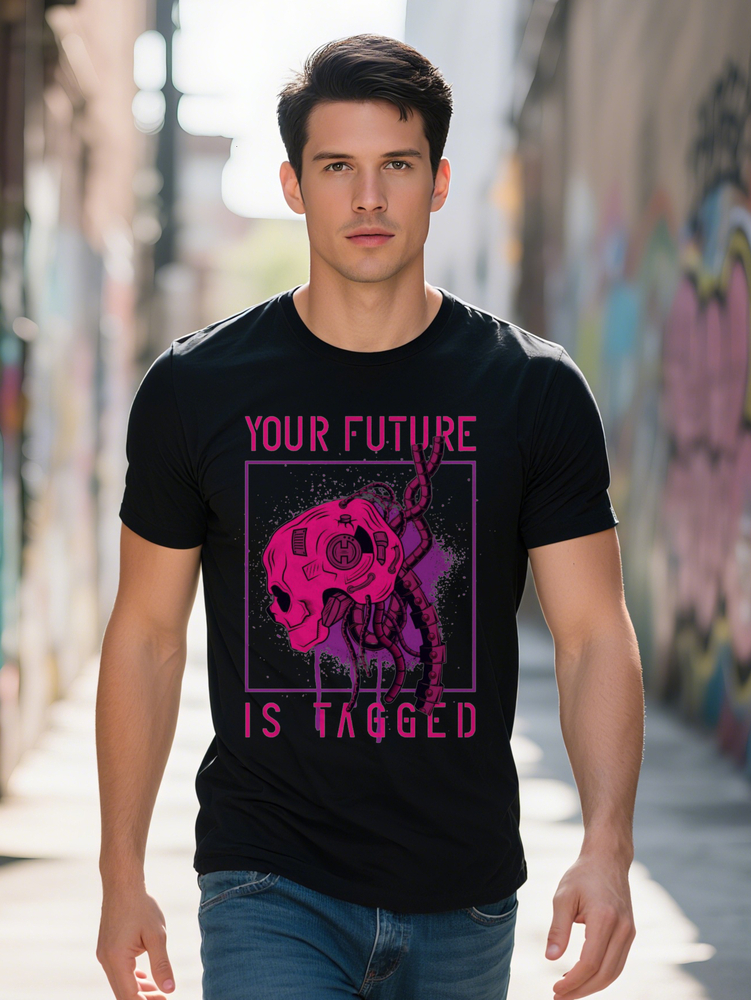 s Round Neck T Shirt with YOUR FUTURE IS TAGGED Black Ideal Gift for Men Casual Wardrobe Staple Artistic Design