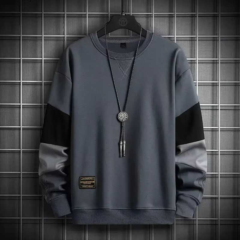 S-5XL Autumn Men Sweatshirts Hoodie Color Blocked Long Sleeved T-shirt Mens Clothing Grey O Neck Harajuku Exclusive Design Top Y250811