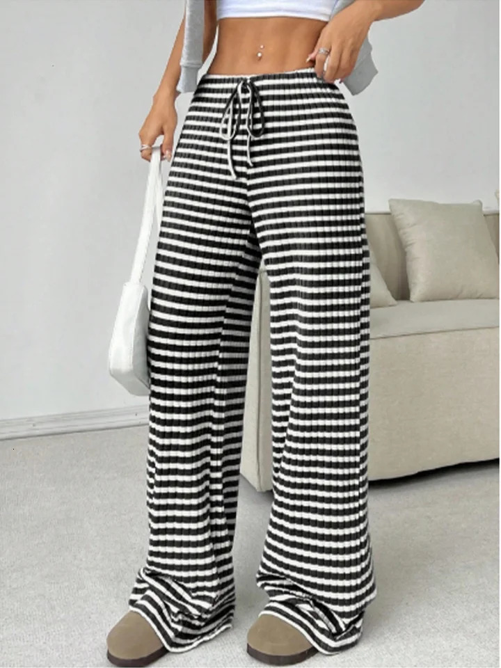 Y2K Striped Printed Long Pants Womens Casual Lace Up Pants High Street Fashion Elegant Autumn Straight Leg Pants 250811