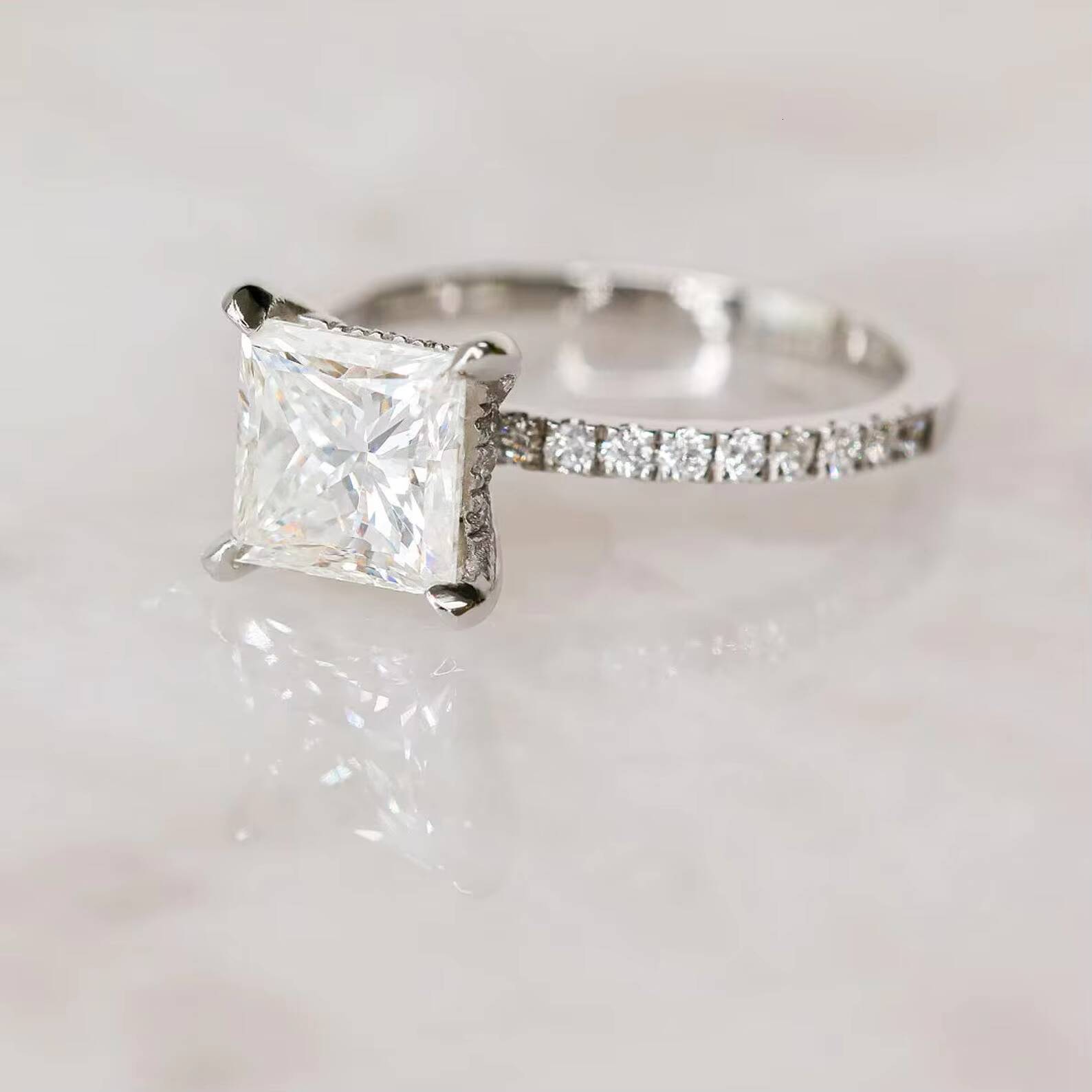 Romantic Iced 10K Solid White Gold Four-Prong Designer Ring Hidden Halo Moissanite Half Eternity Promise for Engagement Party