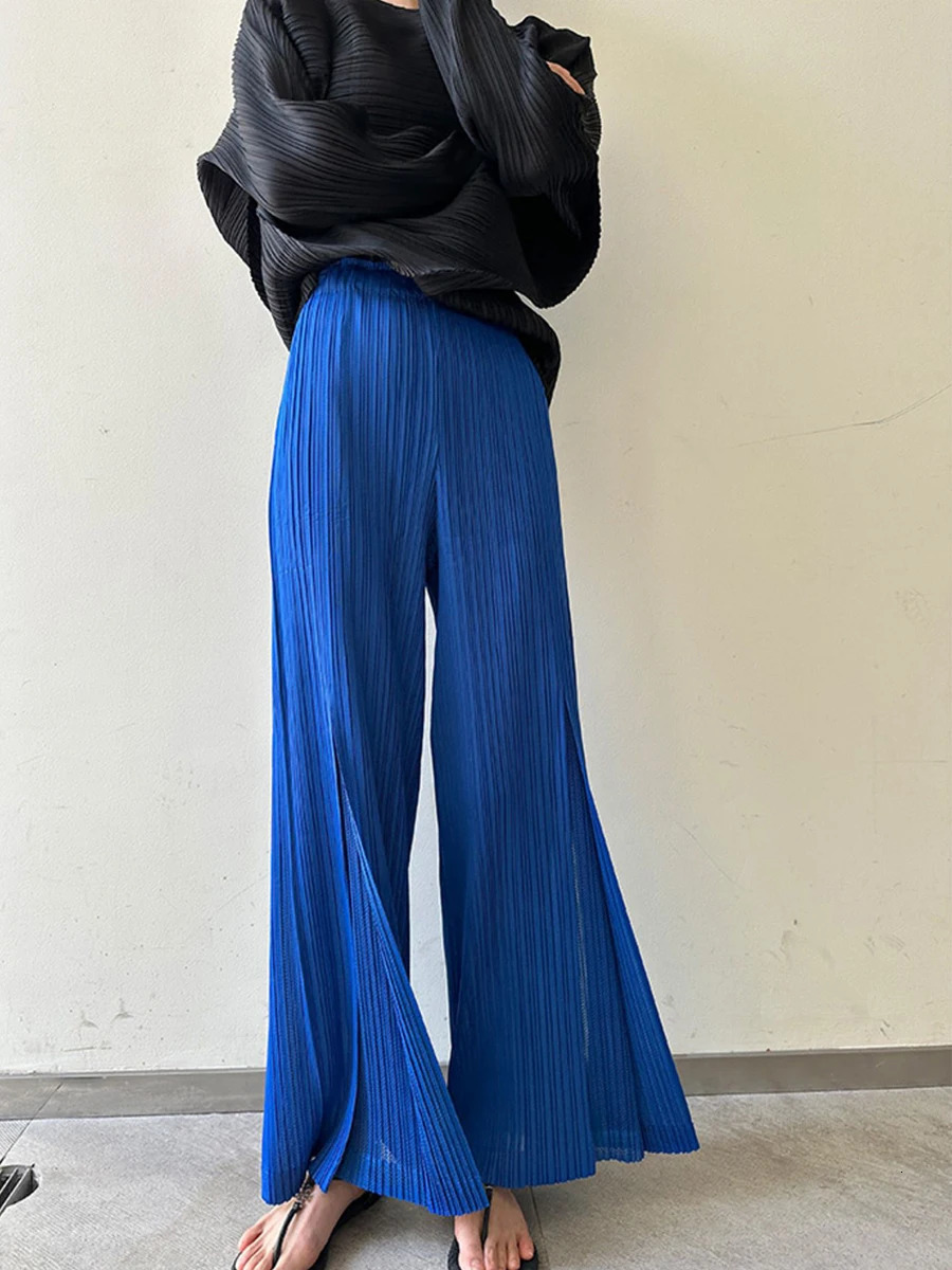 Miyake Pleated Mesh Spliced Casual Pants Women Summer Korean Fashion er Elastic Waist Cropped Straight Wide Leg Pants 250811