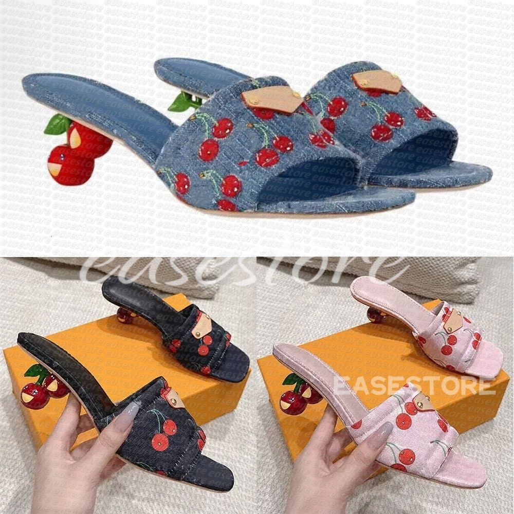Cherry denim heels mule slippers designer slides sandals womens sandals women sliders luxury pink heels sandale 25ss new shoes slipper summer shoes beach sandale