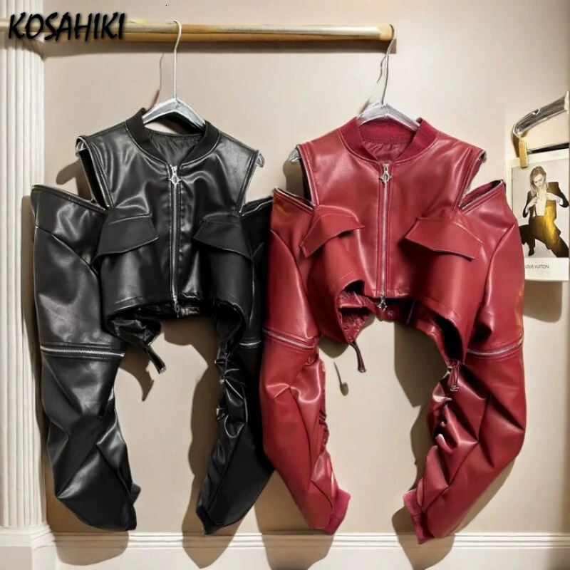 Y2k Aesthetic PU Leather Jacket Womens Streetwear Pleated Grunge Solid Jackets Loose Harajuku Zipper Female Punk Crop Coat 250811