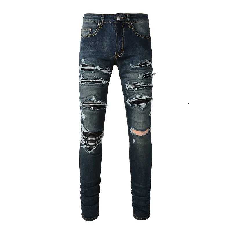 Men Black Leather Patches Denim Jeans Streetwear Skinny Tapered Pants Holes Ripped Dark Blue Stretch Trousers X250812