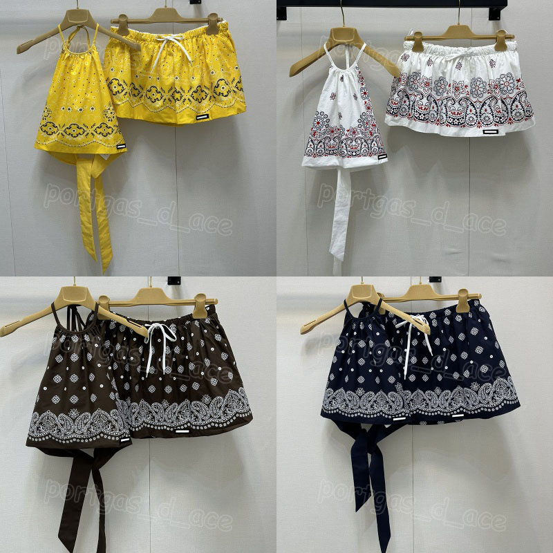 Luxury Women Halter Vest Skirt Outfits Designer Summer Hawaii Vacation Drawstring Waist Mini Skirts Sexy Crop Back Open Tops Brand Beach Resort Wear