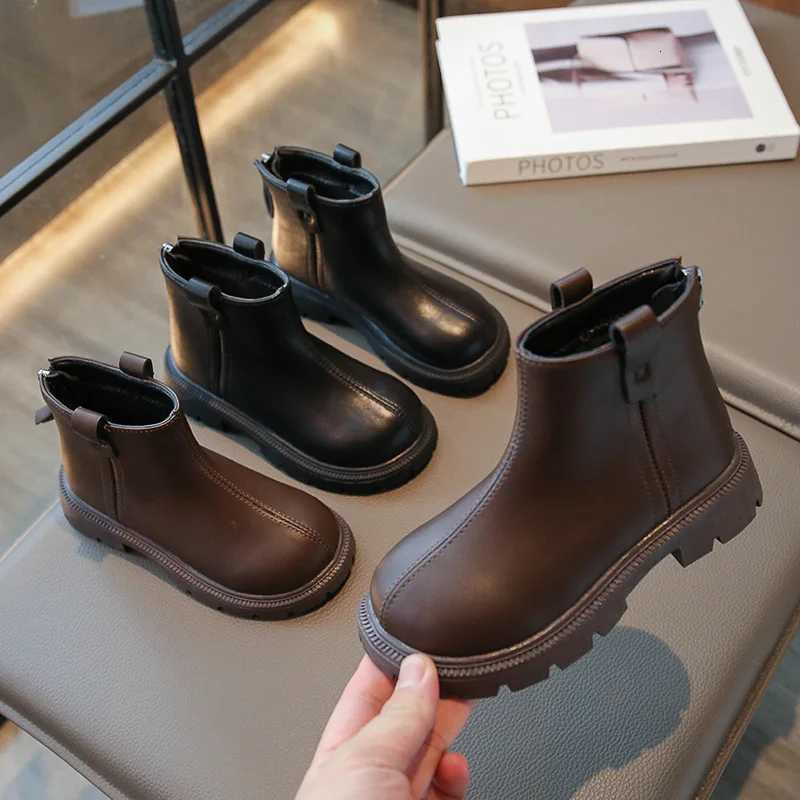 Autumn New 2023 Kids Vintage Leather Boots Girls Waterproof Non-Slip Solid Zipper Princess Ankle Boots Childrens Casual Shoes XJ250812