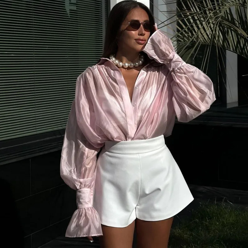 Talenza Womens Shirt Fashion Loose Lapel Solid Color Long Sleeve See-through Shirt Elegant Single Breasted Patchwork Shirt Top 250811