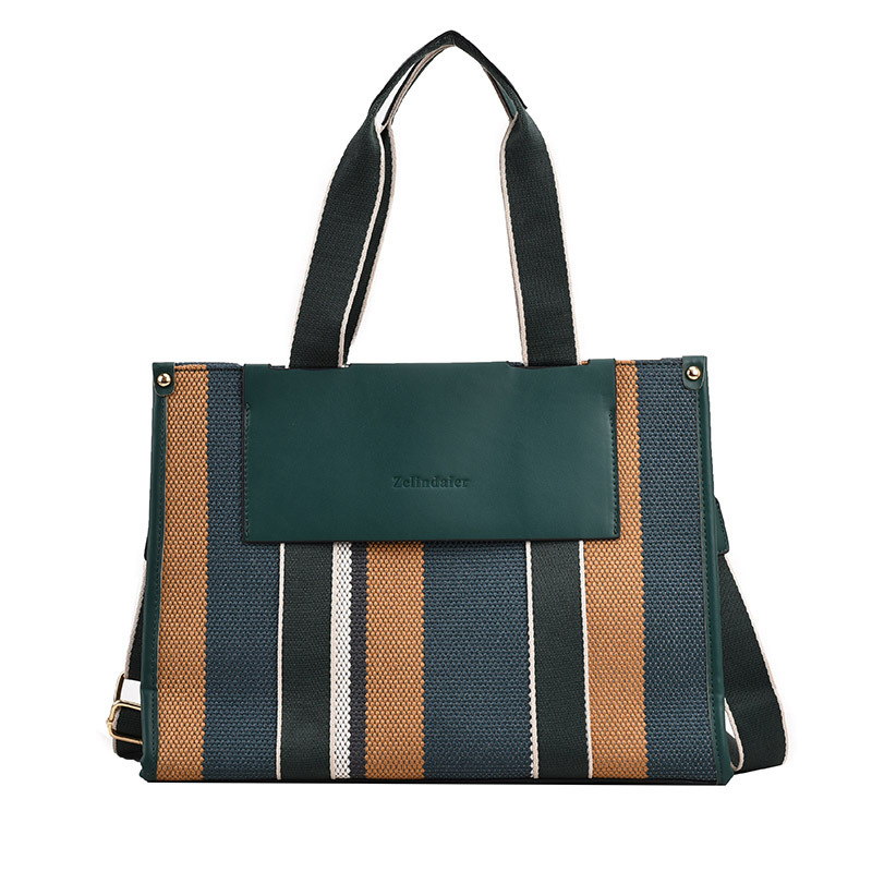Canvas Summer New Color-Block Striped Shoulder Casual Commuter Large Capacity Crossbody Tote Bag