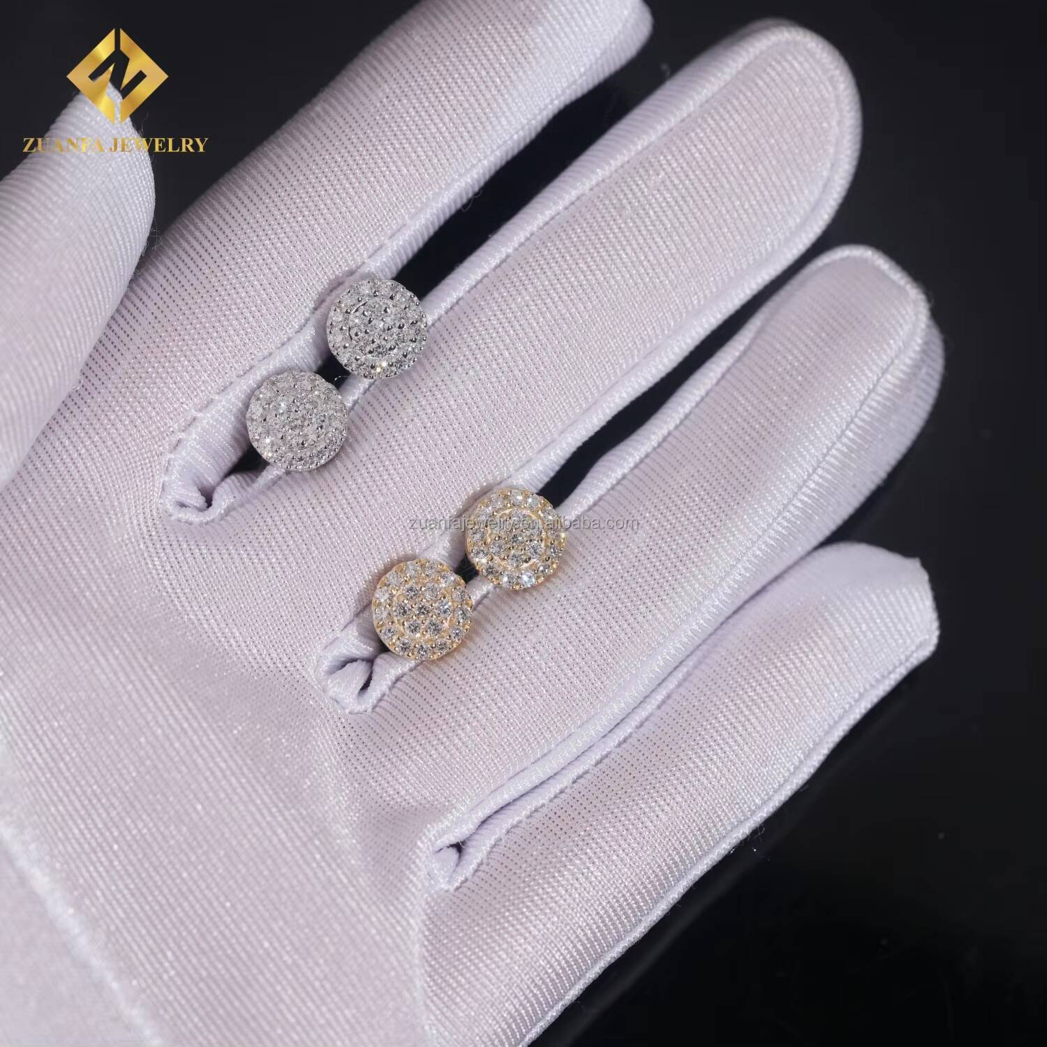 Luxury Hip Hop Style Trendy Iced Out 925 Sterling Silver Lab Grown HPHT Diamond Gold Plated Round Stud Earrings Screw Back Man