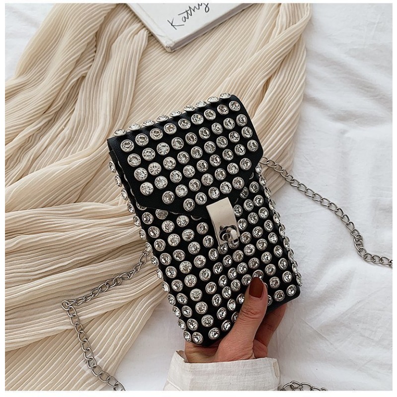 Retro Mini Cellphone Holder with Diamonds - Customizable Shoulder Purse for Smartphone Storage
