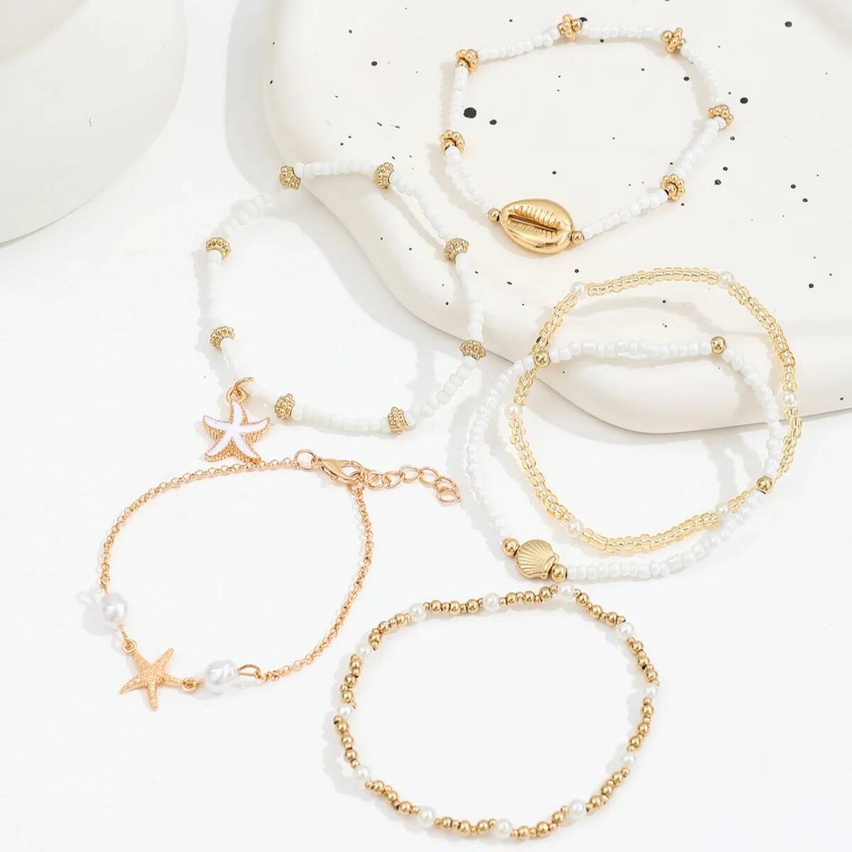 Vintage Seed Bead Stacked Bracelet Set Starfish Shell Embellishment Bracelets Elegant Women's Summer Beach Jewelry Accessories