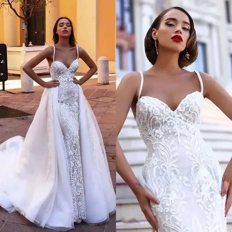 Spaghetti Straps Mermaid Wedding Dresses Appliques Lace Bridal Gowns Removable Overskirts Vestido De Novia Backless Sweep Train