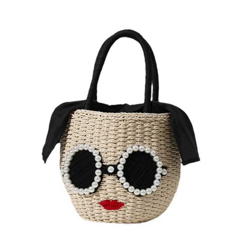 es red lips str woven Japanese fi rattan hand bag cute carto Shoulder Crossbody Beach Bag bucket woven bag fem Y250812