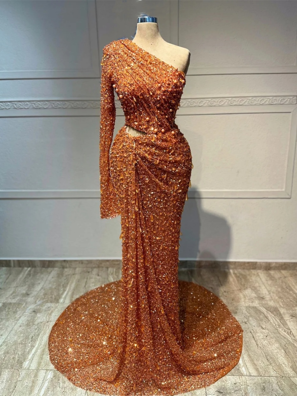 Glitter Sequins Mermaid Evening Dress One Shoulder Long Sleeve Pearls Prom Gowns Beaded Floor Length Party Dresses Customized