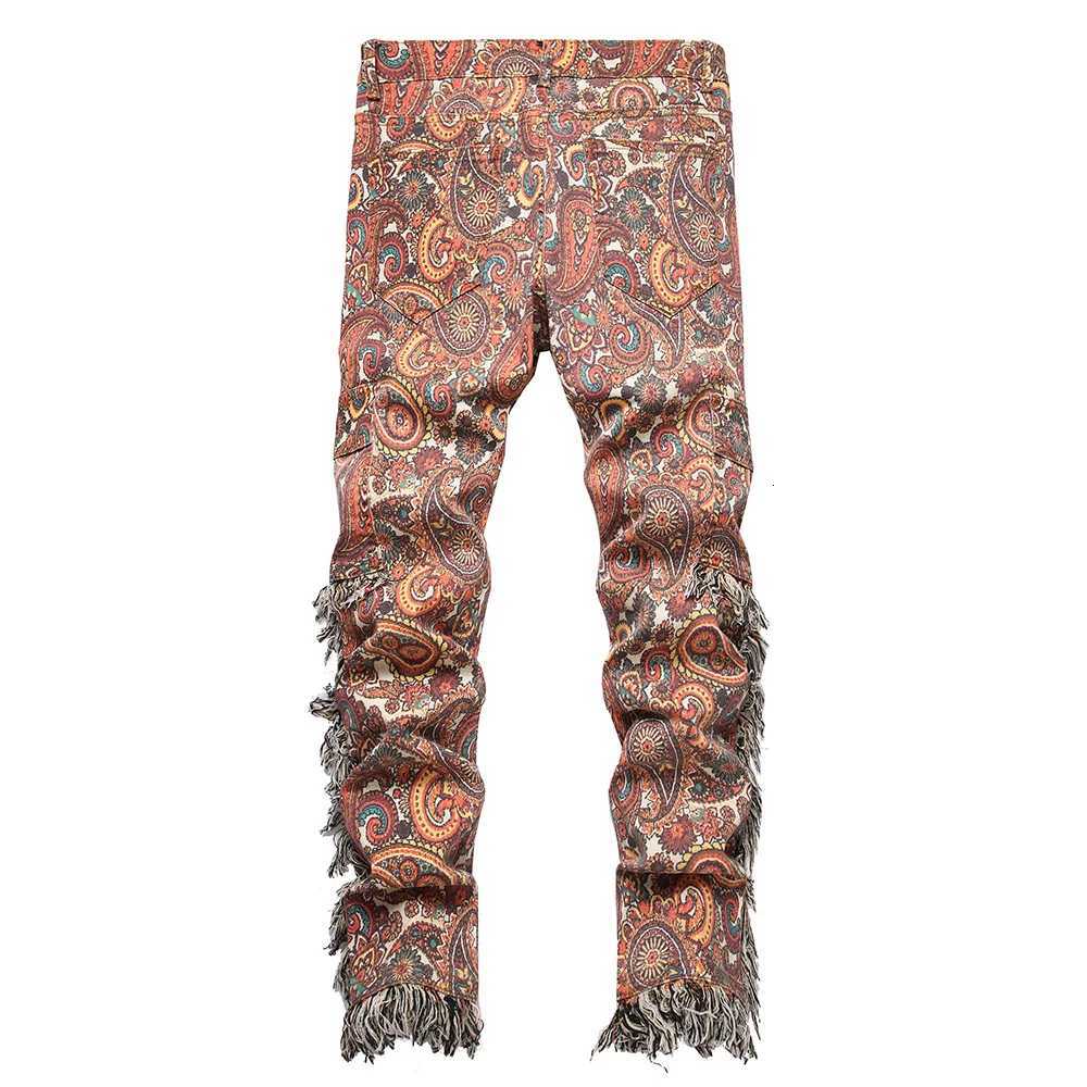 Men Bandana Print Pants Plus Size Multi Pockets Cargo Jeans Fashion Tassels Paisley Bandanna Trousers X250812