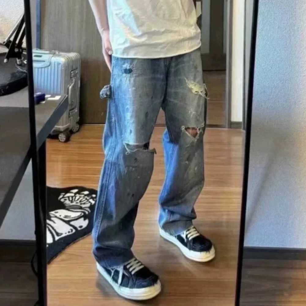 High Street Hole Distressed Splashed Ink Baggy Jeans for Men Straight Ripped Casual Loose Denim Trousers Oversized Unisex Cargos X250812