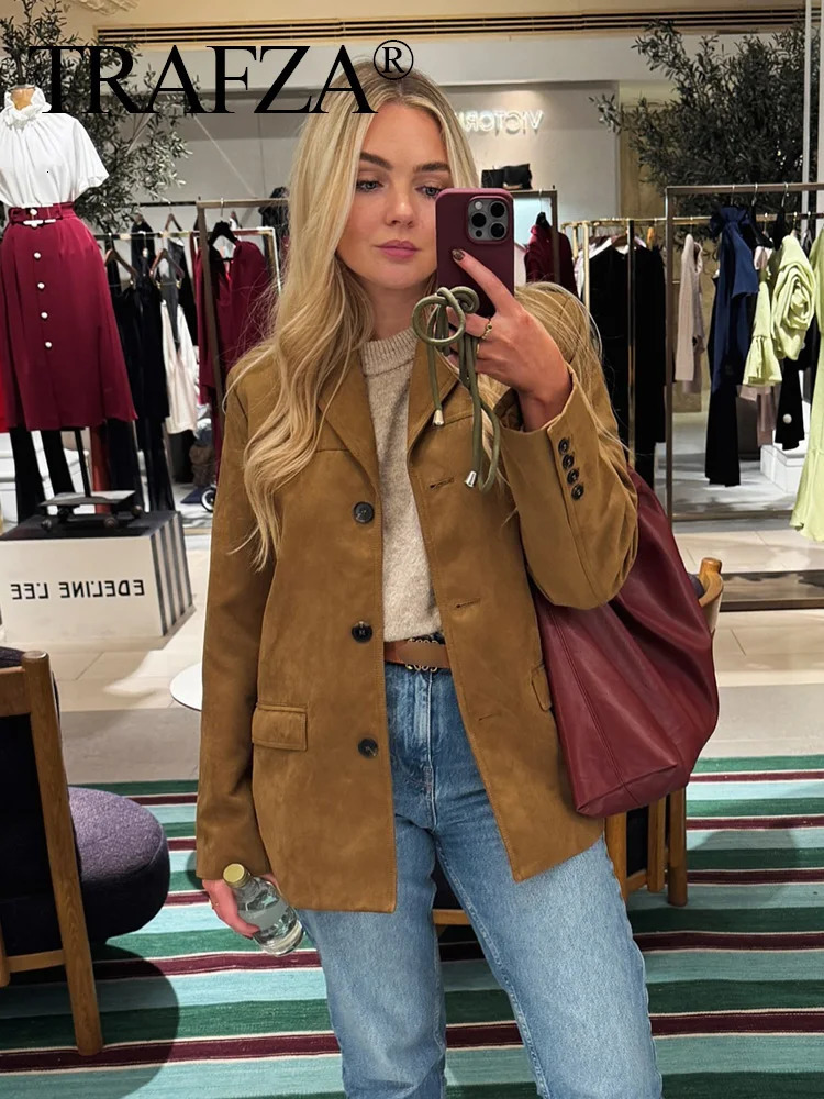 TRAFZA Autumn Women Vintage Faux Suede Blazer Coat Fashion Lapel Single Breasted Long Sleeve Jacket Casual Office Lady Outerwear 250811