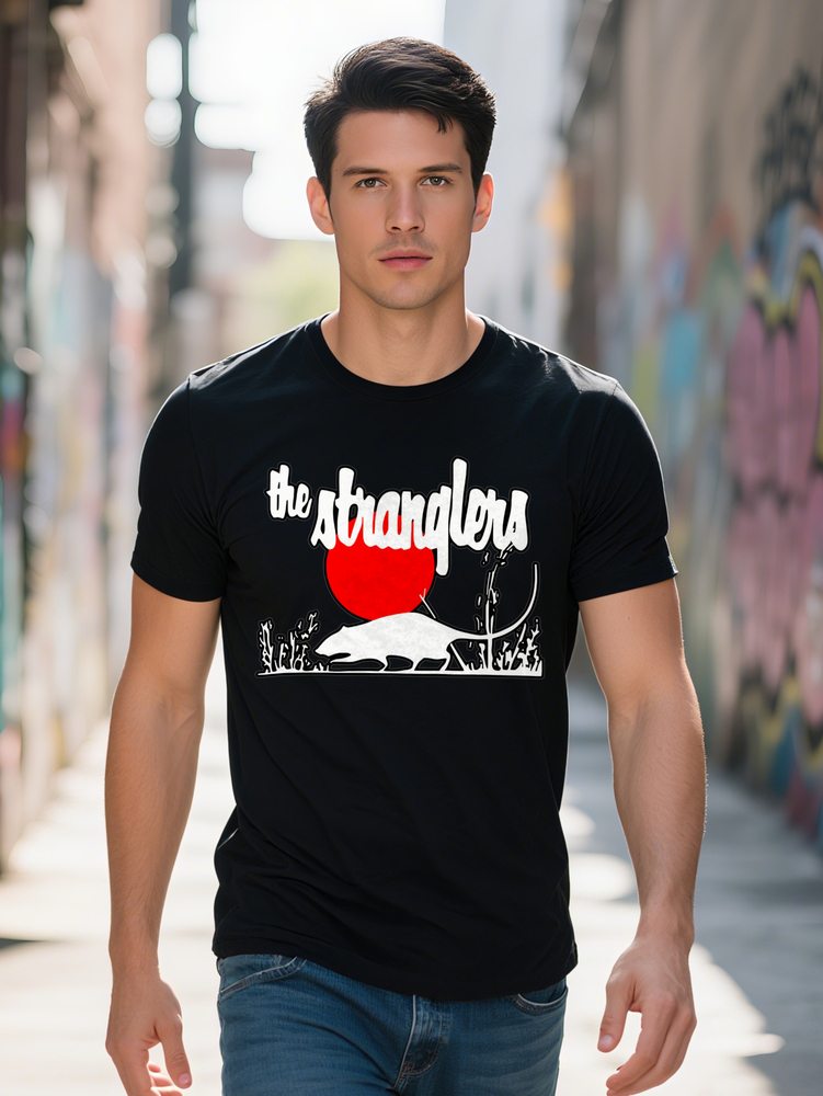 Men s Black T-Shirt with Red Circular Animal Print The Stranglers Text Casual Round Neck Summer Breathable Comfort