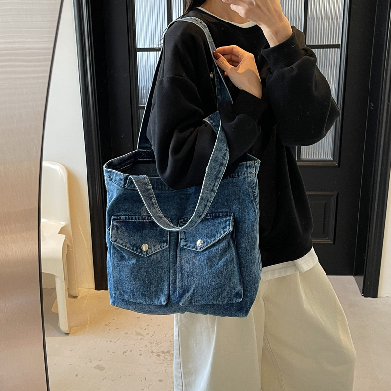 Denim Tote for Women New Versatile Casual Shoulder Student Handbag Class Tutoring Bag