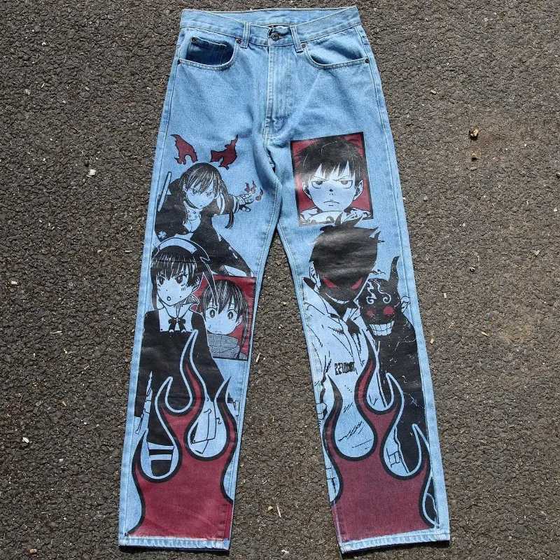 2K Anime Baggy Denim Trend Hand Drawn Printed Pattern New Men Women Pants Hip Hop Retro Harajuku Streetwear Unisex Casual Jeans X250812
