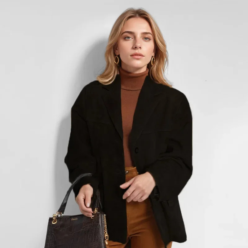 Vintage Brown Blazer Women Suede Leather Jacket Autumn Fashion Single Breasted Lapel Loose Coats Street Office Lady Outerwears 250811