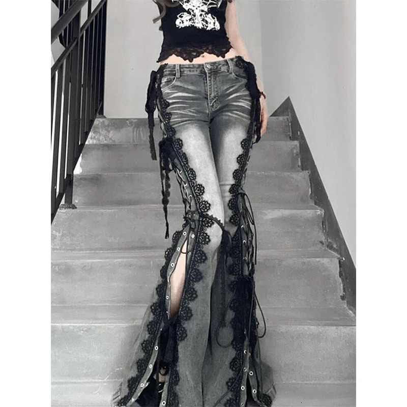 MEXZT Y2K Flare Jean Harajuku Vintage Lace Bandage Denim Pants Gyaru Streetwear Grunge Low Waist Slit n Trousers 250809