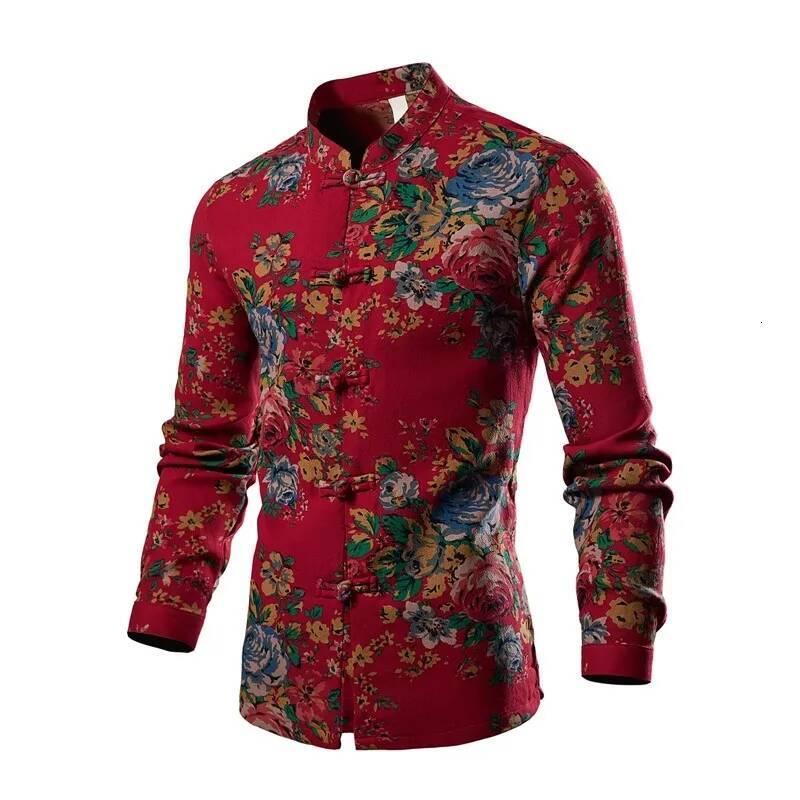 New Chinese Style Print Casual Shirts Men's Long Sleeve Stand Collar Vintage Flower Shirt Male Beach Fashion Blouse Plus Size ddmymarket